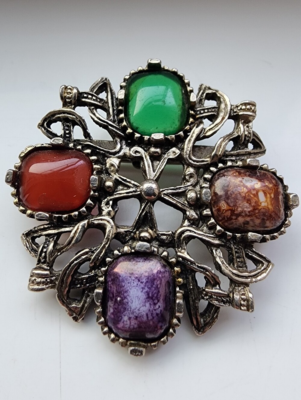 Vintage Weiner Silver Tone Brooch Multicolor Faux Stone Cabochons Signed